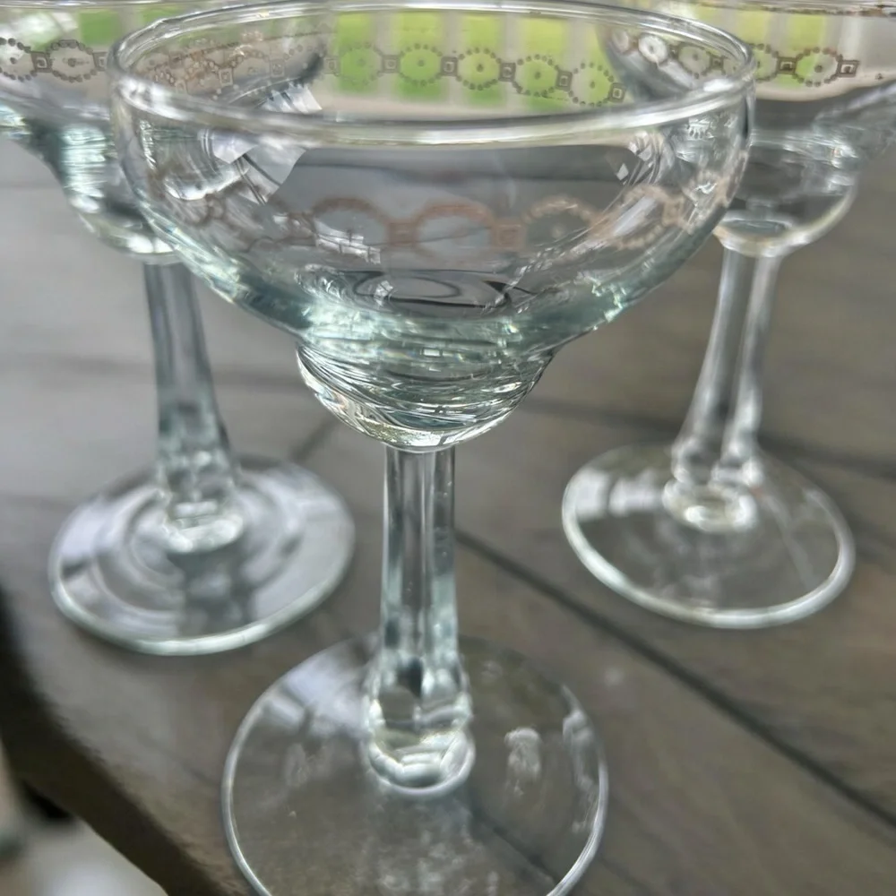 Vintage Heavy Crystal Champagne glass set of 5, gold Geo design, MCM, Cordials